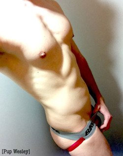 pupwesley:  After finishing at the gym today, I was a wicked horny pup (but let’s face it, I’m always a horny pup) and I decided to strip down to my jock in one of the bathroom stalls and play for a bit. I also love Bike jockstraps and try to show