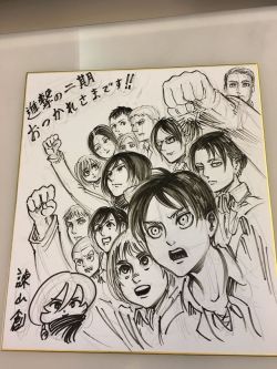 SnK News: Isayama Hajime’s New Sketch Cheering on SnK Season 2 StaffIsayama Hajime has shared a new sketch on his blog featuring the 104th and Erwin, Levi, Hanji! His message congratulates the SnK Season 2 Staff.More on Isayama Hajime || General SnK