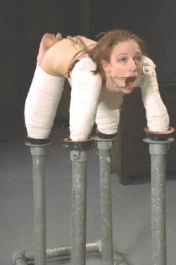 femaleslaves:  sirrendre:  extreme bondage - he arms and legs encased in plaster so her fun parts are accessible, toe tied with a mouth spreader   Females Slaves femaleslaves.tumblr.com