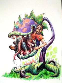 ferocioustoasterillustration:  Gift art of a Chomper ( Plants vs Zombies) nomming less dead meat. Line art, scan and photo of finished, colour pic due to scanner leaching colour. Traditional, ballpoint pen, water colour pencils and white paint. 