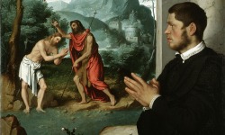 kecobe:Giovanni Battista Moroni (Italian; ca.1525–1578)A Gentleman in Adoration Before the Baptism of Christ ca.1555–60 Oil on canvas Collection Gerolamo and Roberta Etro