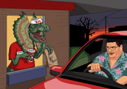 infernusvulpes:jimllpaintit:Dear Jim, Can you paint Dennis Nedry deciding to fuck Jurassic Park off and get some KFC instead. Unfortunately for him the KFC employee who serves him is an angry dilophosaurus. Cheers, Martin Vineholy fucking shit
