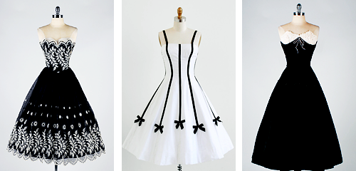 vintagegal:  1950s Prom and Party Dresses: Black and White  Ridiculously awesome dresses.
