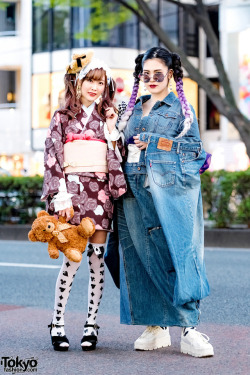 tokyo-fashion: Sakibon and Ayane on the street in Harajuku. Sakibon is wearing a floral kimono dress, over-the-knee socks, platform heels, and a cute teddy bear. Ayane is wearing an amazing handmade Japanese kimono made out of Levi’s jeans with Fenty