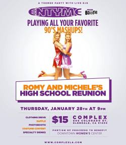 January 28th! I&rsquo;m throwing another party! Romy &amp; Michele&rsquo;s High School Reunion! We&rsquo;ve got amazing DJs @entyme @djtyme @scotawesome from @bootiemashup! It&rsquo;s gonna be an epic dance party benefitting the Downtown Women&rsquo;s