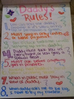 daddyslil-diamondprincess:  daddyscorner:  daddyslittlefoxie:  daddyslittlefoxie:  Daddy’s Rules for Lexi! #1: Lexi can only use his computer while sitting on his lap or if permission is given.  #2: Must sleep only in undies or little pajamas.  #3:
