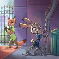 Zootopia, Nick and Judy1 Judy tried to get back her carrot recorder, but Nick set up a sticky  cement prank. Judy better move quickly. That special instant cement can  harden fast and Judy will get stuck.Winning suggestion of the free  art  community