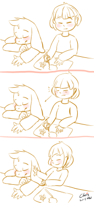 chrisnpics:This was supposed to be Frisk rubbing his face warm with Asriel’s fluffy ear…. Sigh….what am I even drawing anyway… I need some seriously comic skill support right now!!! I shall get this done!!!!!xD *giggles* For a moment there I thought