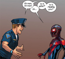 tedtheodorelogan:  cyborgcap:  Cataclysm: Ultimate Spider-Man #28  If you’re not familiar with Ultimate Marve, that’s Miles Morales as Spider-Man instead of Peter Parker. This is him without the costume:  Kinda puts that interaction in a different
