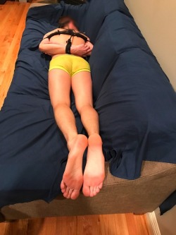tied-boi-sub:After getting my wrists and arms secured, my sub buddy went to work on my ankles, all while Biofuel sat back and enjoyed the entertainment. I quickly realized a hogtie was in my future. And I started to worry about the helpless position I