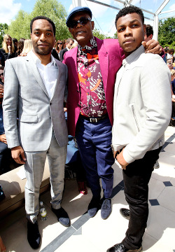 celebritiesofcolor:  Chiwetel Ejiofor, Samuel L. Jackson and John Boyega attend the Burberry Prorsum show during The London Collections Men SS16 at on June 15, 2015 in London, England