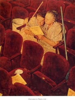  Norman Rockwell (American, b. 1894 - 1978)  Charwoman in Theatre - Oil on canvas  
