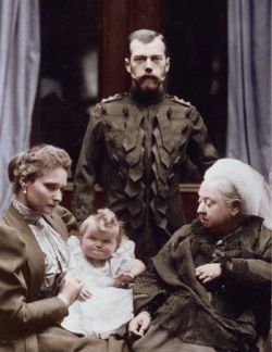 yourackdisciprine:  thewarriorsprayer:  cette-coquette:  Vintage Royal Portrait - Queen Victoria of Great Britain with Tsar Nicholas II of Russia. Seated on the left is Tsarina Alexandra holding her baby daughter Grand Duchess Olga. (Balmoral Castle,