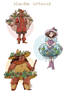 marianascosta:  marianascosta:  i haven’t been doing much design work lately because of how swamped I am with webcomics, but I took some time off to do some character designs for a few witches with very portable gardens. How convenient!  and here’s