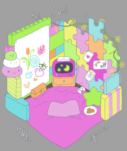 sugarmalkdraws:  I wanted to create a soft, sweet little space in an isometric view. I decided when I was sketching that while I wanted it to feel functional/lived in, I also wanted an element of fantasy. Thats why I used elements like giant legos and