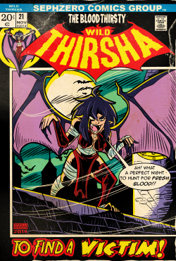 This was commissioned by someone on deviantART called Sephzero, and he wanted me to make a vintage comic cover for his character, Wild Thirsha.