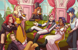 tackyvillain: i’ve been dying to post this since i finished it!! here’s my (slightly overambitious.) piece for Duelist Couture, a fashion-themed utena zine - i wanted to do something in period clothing so here’s the cast in the hottest regency styles. you