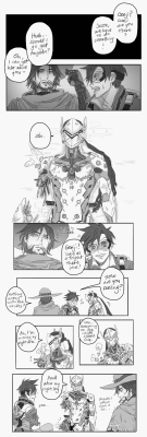 yildraws:  McCree’s VA also voices Chrom in FE: Awakening, so……. thanks tempu for the idea ( ◔‿ゝ◔`)(also headcanons that this happened a lot back in blackwatch too; when genji still had trouble accepting his new body and mccree and lena