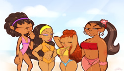 princesscallyie:    A commission of some sexy black ladies, Cree, Valerie, black!Prinny, and Leshawna. I could draw them like whatever so I decided just to go with simple swimsuits since I’m now on my summer break. Also I wanted to do some type of