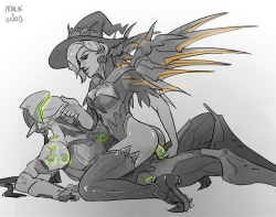 milkandwood:  Witch Mercy x Genji Commissioned by @kayla-na ! thanks so much &gt;w&lt;&gt;&gt;ฤ sketch commissions open till overwatch event ends or when i get the loot i want &lt;&lt;