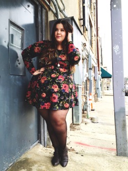 nataliemeansnice:  fats in florals.   outFAT of the day:  burnt orange amazing coat: asoscurve, US 18  floral long sleeve skater dress: forever21, US 3X sheer tights: catherine’s, size C chain booties: forever21, size 8