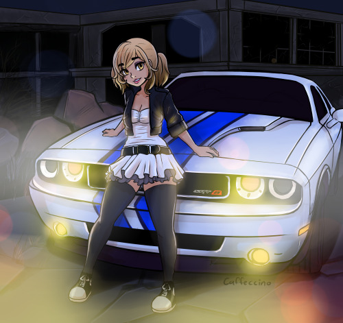 caffeccino:  Cappuccino with my her favorite car! It’s a Dodge Challenger SRT 8! I’ve been wanting to post this one for a while, so I’m finally committing to actually posting it. I have more ideas for car pin-ups in the future with her, of course.