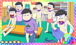 caitsylph:  The new Osomatsu Party art is revealed! Ichimatsu pls give your brothers’ painful sparkly underpants back… and Osomatsu must you make a competition of some sort every time? Totty blow drying Jyushi’s hair heals my depression 
