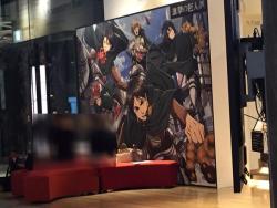 leviskinnyjeans:  Promotional Image for the Wall Osaka Exhibition featuring Levi, Eren, Armin, Mikasa, Sasha, and Jean in Grand Front Osaka This promotional image, which displays Shingeki no Kyojin characters with various forms of Osaka cuisine, will