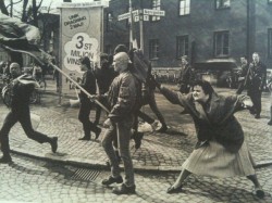 venomousblunts: cowboyandblondebeauty:  daddyspsycho:  dreadpiratekhan:  dreadpiratekhan:  A Swedish woman hitting a neo-Nazi protester with her handbag. The woman was reportedly a concentration camp survivor. [1985] Volunteers learn how to fight fires