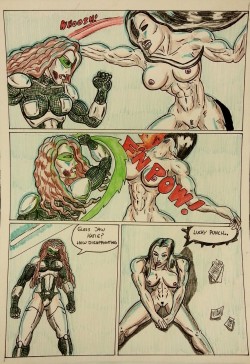 Kate Five vs Symbiote comic Page 90  Kate and Kimberly go toe-to-toe, and Kate ends up on her bum!   Tried using perspective in the last two panels