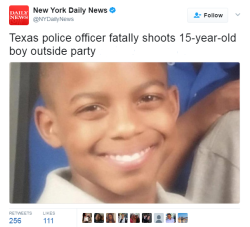 destinyrush:    Unarmed 15-year-old boy shot in the head by Balch Springs police officer. 15-year-old Jordan Edwards and his friends were leaving a party at approximately 11PM on Saturday after hearing gunshots. A police officer, whose name has not been