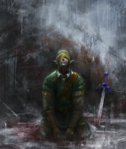 youngjusticer:  Link has finished his adventure, with Ganon slayed in the background, and the Master Sword rested in the ground beside the hero as he falls to his knees, looking up into the sky as it starts to rain to wash the blood and evil away. A Momen
