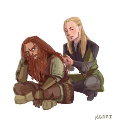 ngoziu:  gimli is grumpy because he just underwent like FIVE HOURS of elven ablutions. like thranduil’s special conditioner or some shit. and Legolas is like your hair braid will be glorious because it will be mine own hair braid. so shut the fuck up.