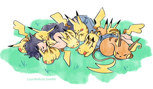 laserbobcat:  “One day in the forest he stumbles upon this dude that’s just sleeping  there on a grass patch under a pile a pikachus. (I need to draw that)Nothing to be alarmed -if the guy didn’t have those red eyes like only high ranking demons