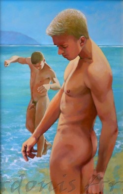 gay-erotic-art:  men-in-art:  Aegean SummerAndrew Potter   Autumn has arrived and we say goodbye to summer and all that comes with it. Many gay artists, photographers and painters, use the beach as their setting to great effect. For the next few days