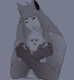 tinyfaceart:Getting comfy in the arms of a goddess