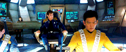 getinthefuckingjaeger:  artemisfowls:  (x)  Second gif was Sulu going all “yea bae whats up” and then it went straight to “excuse you faithless punkass bitch” Hikaru Sulu light of my life 