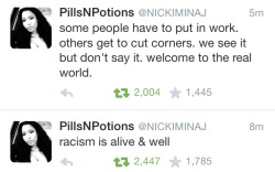 shanellbklyn:  ginellajahnaye:  hellyeahehitfromtheback:  bestpal:  yo-step-daddy:  summersunnset:  yo-step-daddy:  summersunnset:  ricardosminaj:  Nicki Minaj speaking the truth on twitter about racism (7/23/14)  Gimmie a break. Everyone can succeed