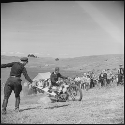 todaysdocument: &ldquo;Santa Clara County, California. Motorcycle and Hill Climb Recreation. At the start of the course. The going gets even rougher and steeper further on. The crowd in the background is composed almost entirely of young fellows. At the