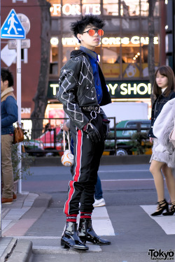 tokyo-fashion:  16-year-old Japanese high school student Ryunosuke wearing a Versace Madonna and Child leather jacket with a YSL shirt, 99%IS- striped pants and accessories by Japanese designer Alice Black. Full Look