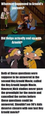 snowflakes100:  I don’t know about anyone else, but I agree completely I loved hey Arnold as a kid and I still do. I have the 1st movie on VHS tape as I’m sure alot of you 90s kids did as well. Maybe..just maybe they will make a second movie telling