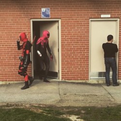 wadewilson-parker:  mine-edge:  wadewilson-parker:  the-symbol-of-hope:  😂 give me your best caption. #spiderman #superiorspiderman #deadpool #spideypool  #marvel #cosplay  Reminds me of that fanfiction where Wade and Pete fuck in a dirty public bathroom.