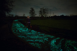 vacilandoelmundo:  Listen: there’s a hell of a universe next door; let’s go.  —E.E. Cummings This mesmerizing illuminated bike path in Nuenen, Netherlands—designed by Studio Roosegaarde—gives the impression of riding off into another world.