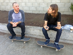 vansskate:  Johnny Layton taking a breather with Toy Machine teammate Matt Bennett after skating the Long Beach MLK skate park yesterday. Johnny has been enjoying skating the new Crockett Pros in black and charcoal.