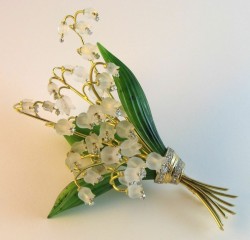 gemville:Carved Rock Crystal, Nephrite and Diamond Lily Of The Valley Brooch