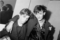 iridescentskull:  Drummer Chris Hughes with Rowland S. Howard backstage at The Old Greek Theatre, Melbourne, Australia. Chris Hughes was playing drums for These Immortal Souls at a show with Sonic Youth, January 20,1989. Photo by Peter Milne. Source