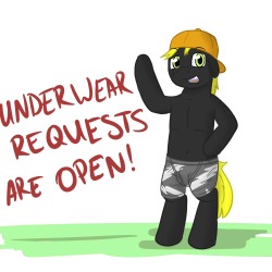 Hey guys, Fuze here. I don&rsquo;t know if it&rsquo;s been made clear by the asks I&rsquo;ve been answering, but yes I am available for doing requests of your ponies doing things in their underwear in this bipedal style that I draw them in.  If you&rsquo;