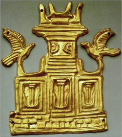 coolartefact:  Small gold sheet in the form of a tripartite shrine from Mycenae, Grave Circle A, possibly Minoan craftsmanship, 16th cent BCE, Athens National Archaeological Museum Source: https://imgur.com/PhZ6e6K