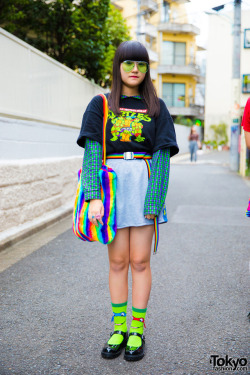 tokyo-fashion:  15-year-old Odeochan on the street in Harajuku wearing a Teenage Mutant Ninja Turtles themed look with vintage items from Kinji Harajuku, Peco Club, Kobinai, and H&amp;M. Full Look