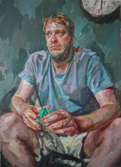 Tom holding Lego 2011 Oil on Canvas 48 x 35 / 122 x 89 by Andrew James